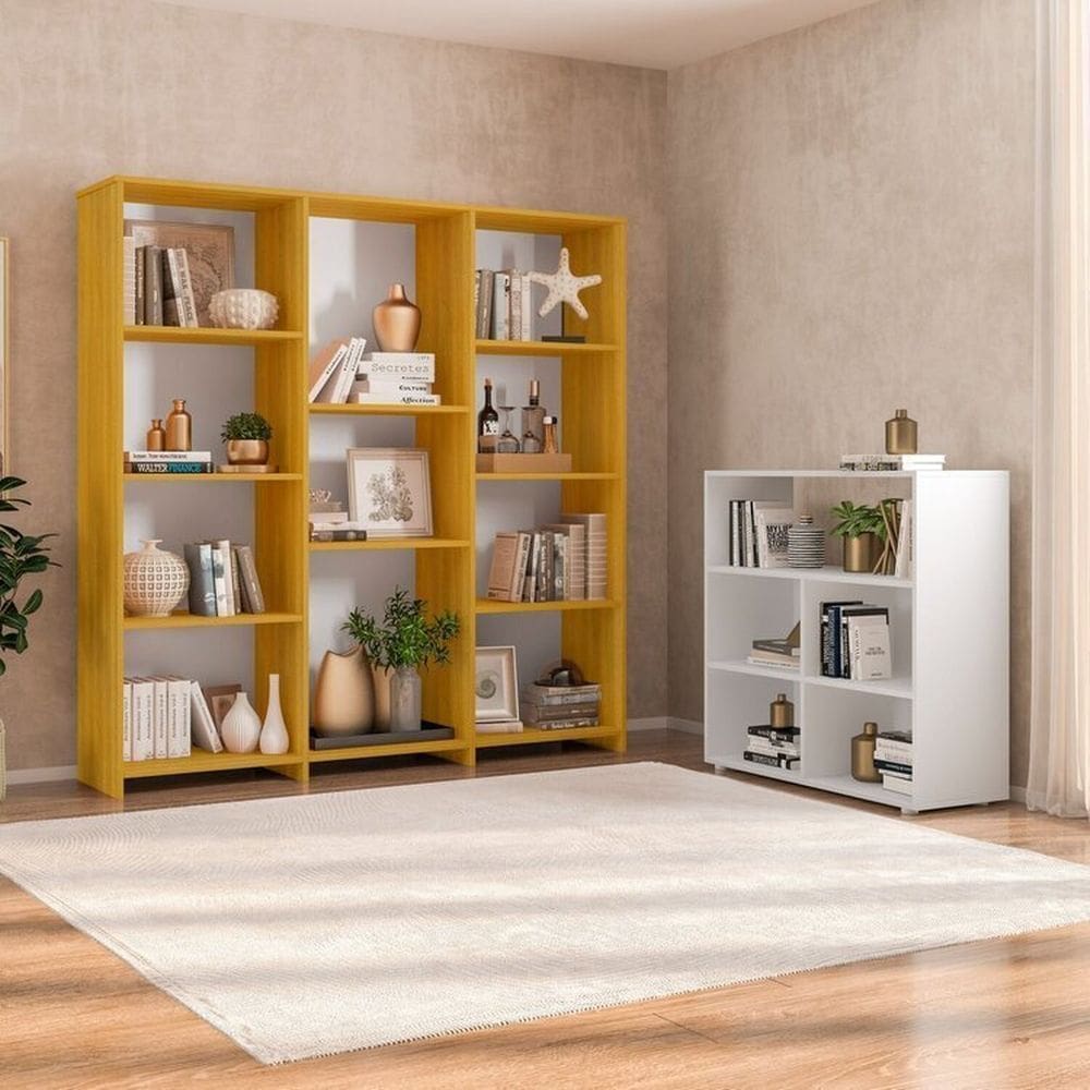 Kit 1 Estante Livreiro 11 Nichos Odelia e 1 Estante Multiuso 5 Nichos Cairo Freijó/Branco