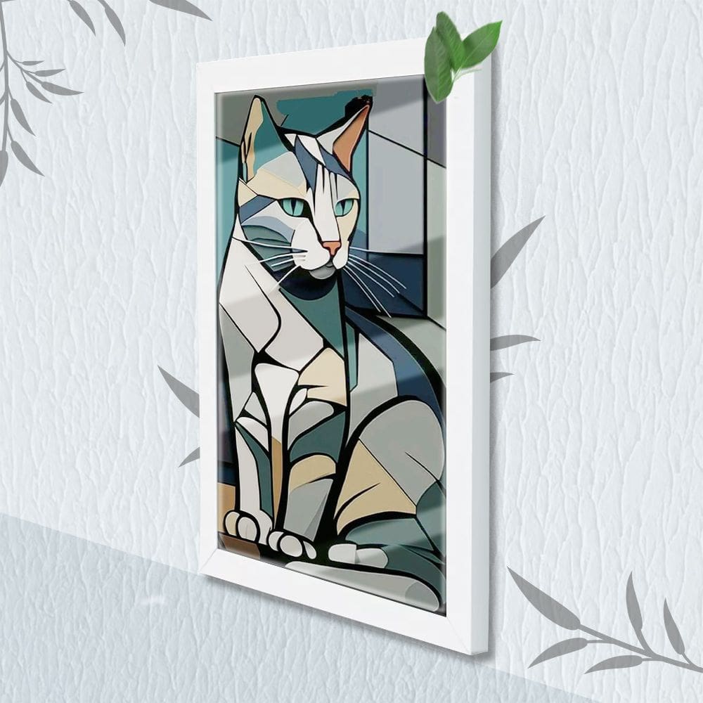 Quadro Decorativo Gato Abstrato + Vidro 33x25 Sala Quarto