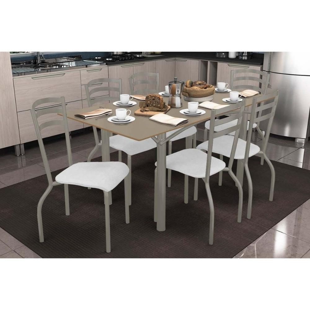 Sala de Jantar Completa Elba Tampo Madeirado c/ Vidro 160cm e 6 Cadeiras Portugal Niquel/Freijo Bronze - Courano Branco - Kappesberg