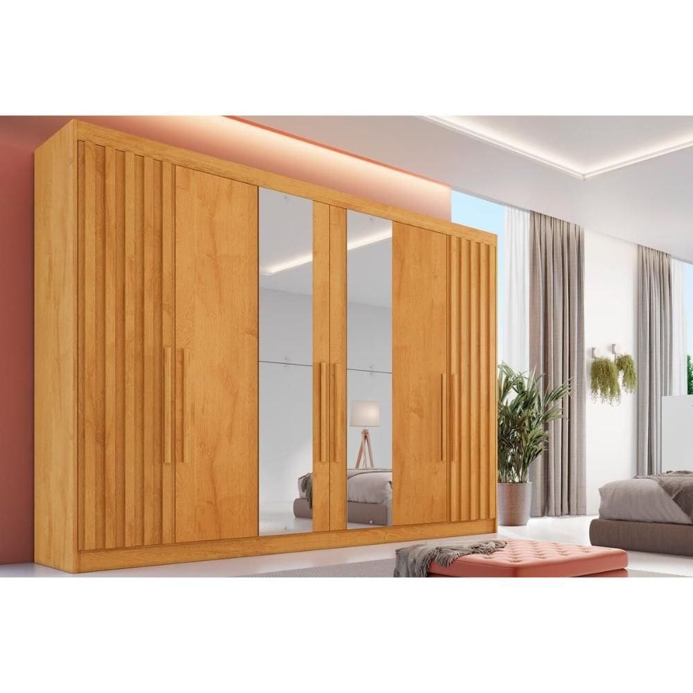 Guarda Roupa Casal 6 Portas (2 Ripadas e 2 c/ Espelho) e 6 Gavetas Potente Peroba - Europa