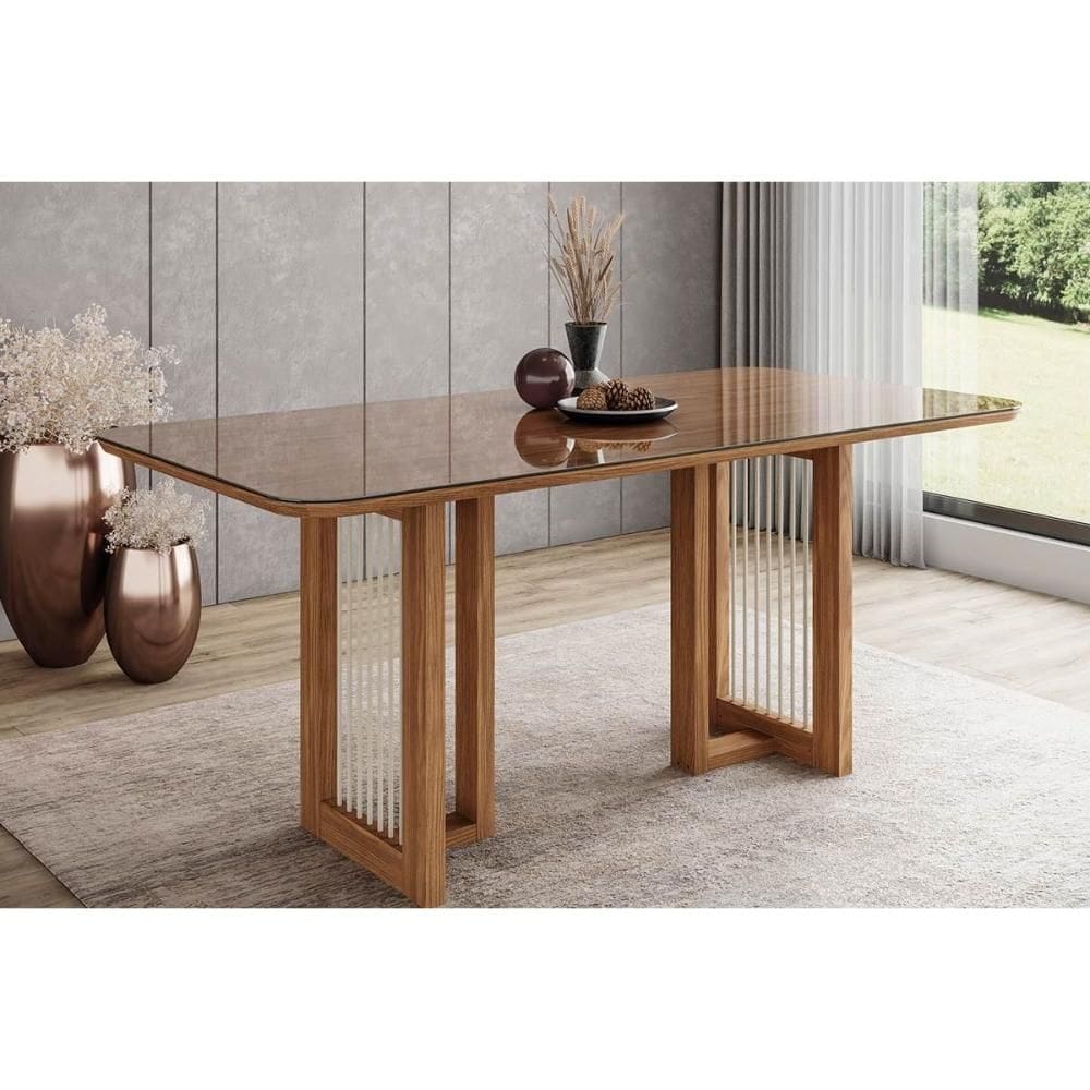 Mesa de Sala Jantar Yara SC79 c/ Tampo Madeirado c/ Vidro Curvo 160x90cm Nature - Henn