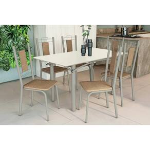 Conjunto: Mesa Sala Jantar Elba Tampo Madeirado c/ Vidro 160cm e 6 Cadeiras Florença Niquel/Off White - Courano Capuccino - Kappesberg