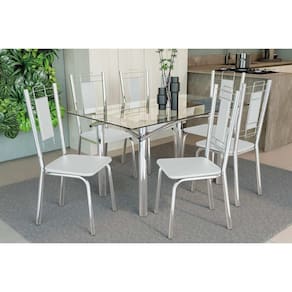Conjunto: Mesa de Cozinha Elba c/ Tampo de Vidro 140cm e 6 Cadeiras Florença Cromada - Courano Branco - Kappesberg