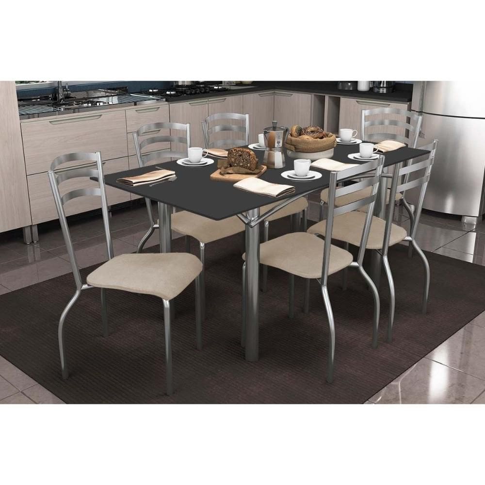 Conjunto: Mesa Sala Jantar Elba Tampo Madeirado c/ Vidro 160cm e 6 Cadeiras Portugal Cromada/Preto - Courano Bege - Kappesberg