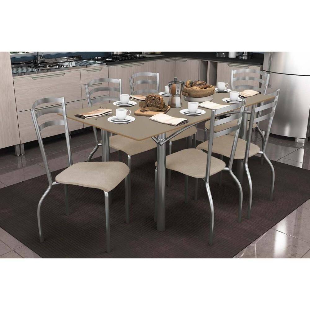 Conjunto: Mesa de Cozinha Elba Tampo Madeirado c/ Vidro 160cm e 6 Cadeiras Portugal Cromada/Freijo Bronze - Courano Bege - Kappesberg