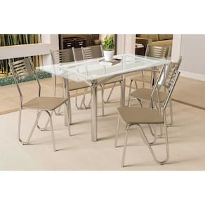 Conjunto: Mesa Sala Jantar Elba c/ Tampo de Vidro 150cm e 6 Cadeiras Nápoles Cromada - Courano Bege - Kappesberg