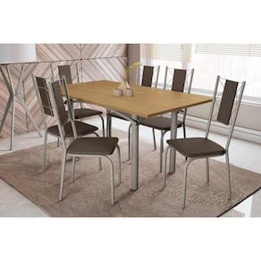 Conjunto: Mesa Sala Jantar Elba c/ Tampo de Madeira 160cm e 6 Cadeiras Lisboa Niquel/Nogueira - Courano Marrom - Kappesberg
