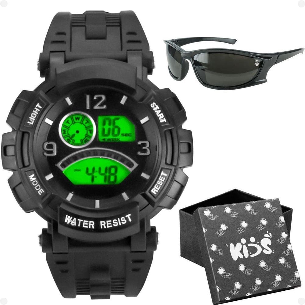 Relogio Digital Infantil Silicone Preto + Oculos Sol + Caixa