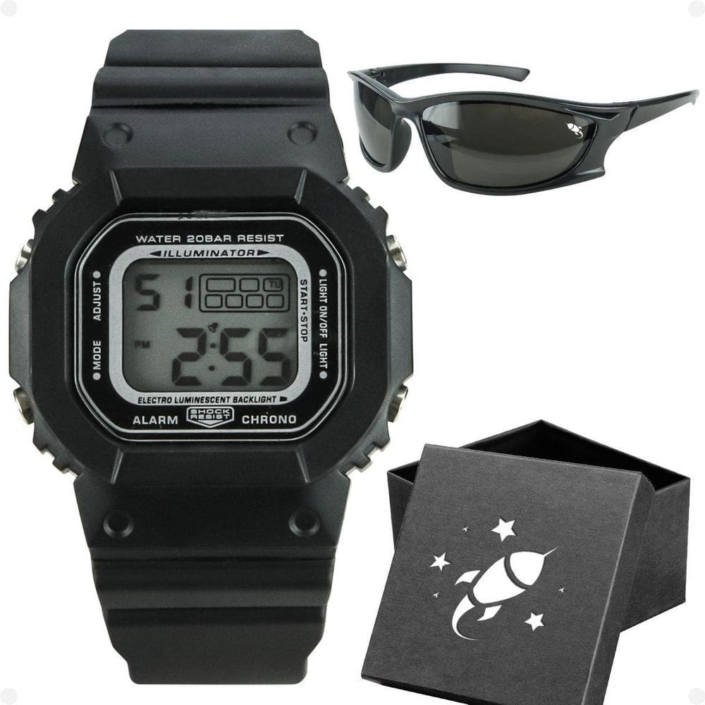Relogio Infantil Menino Preto Digital Led + Oculos + Caixa