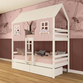 Beliche Casinha Encantada com 02 Gavetas Madeira Maciça Rosa/ Branco Megamobilia