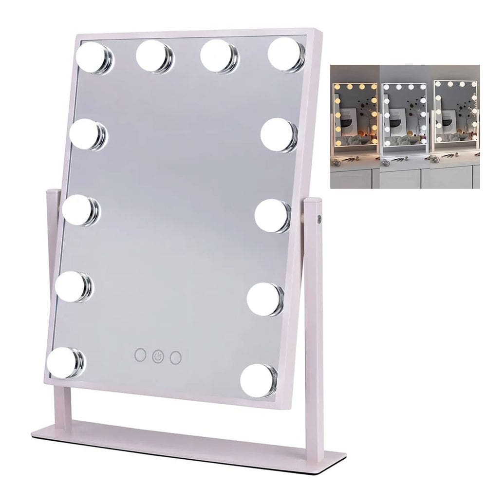 Espelho Camarim Grande LED 12 Lampadas 3 Tons Brilho Ajustavel Rotaçao 360 Graus Base Antiderrapante