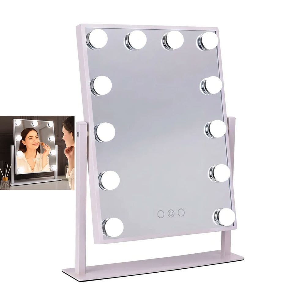 Espelho Camarim Grande LED 12 Lampadas 3 Tons Brilho Ajustavel Rotaçao 360 Graus Penteado Maquiagem