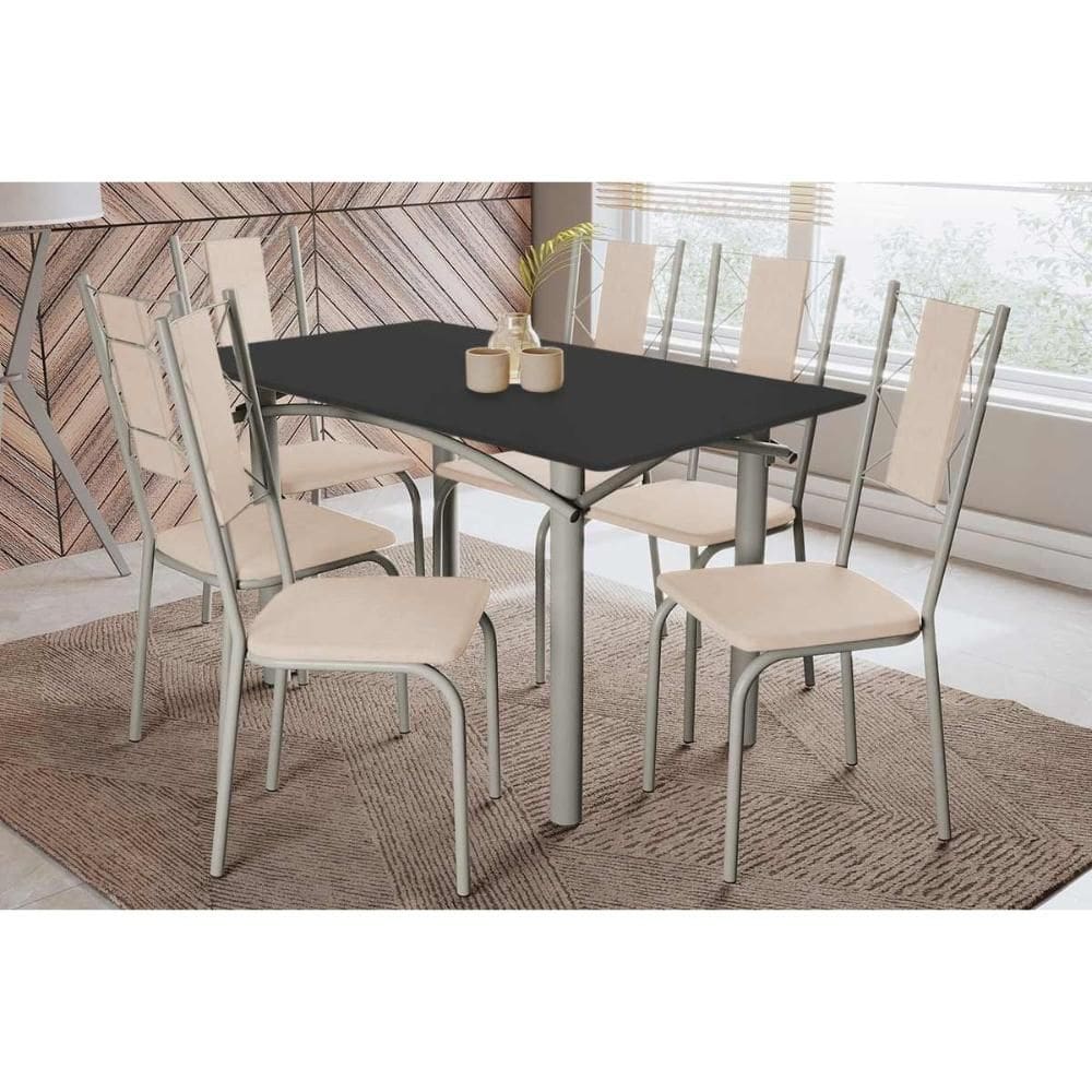Conjunto: Mesa Sala Jantar Elba Tampo Madeirado c/ Vidro 160cm e 6 Cadeiras Lisboa Niquel/Preto - Courano Bege - Kappesberg
