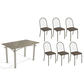 Conjunto: Mesa Sala Jantar Elba Tampo Madeirado c/ Vidro 120cm e 6 Cadeiras Noruega Niquel/Freijo Bronze - Courano Marrom - Kappesberg