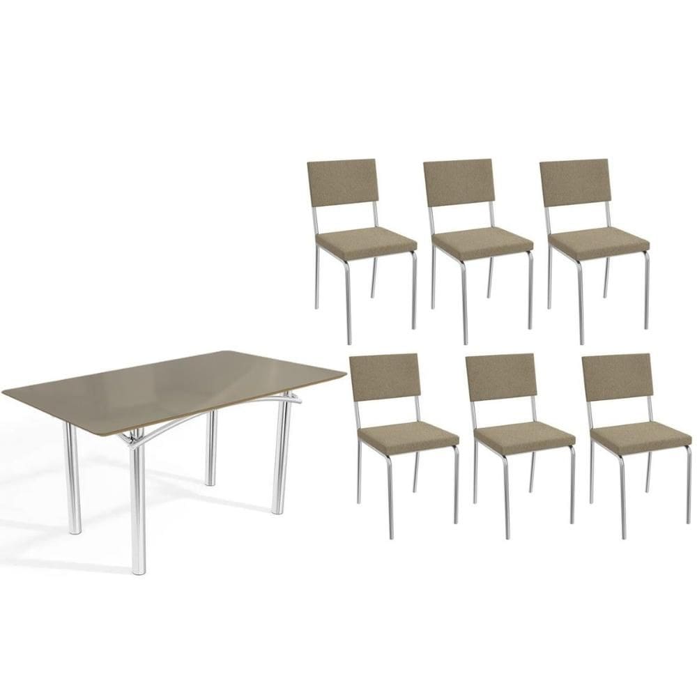 Conjunto: Mesa de Cozinha Elba Tampo Madeirado c/ Vidro 160cm e 6 Cadeiras Zaria Cromada/Freijo Bronze - Boucle Bege - Kappesberg