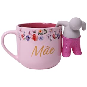 Caneca Mãe Floral Com Boneco Infusor Chá Cerâmica 350 ml Oficial