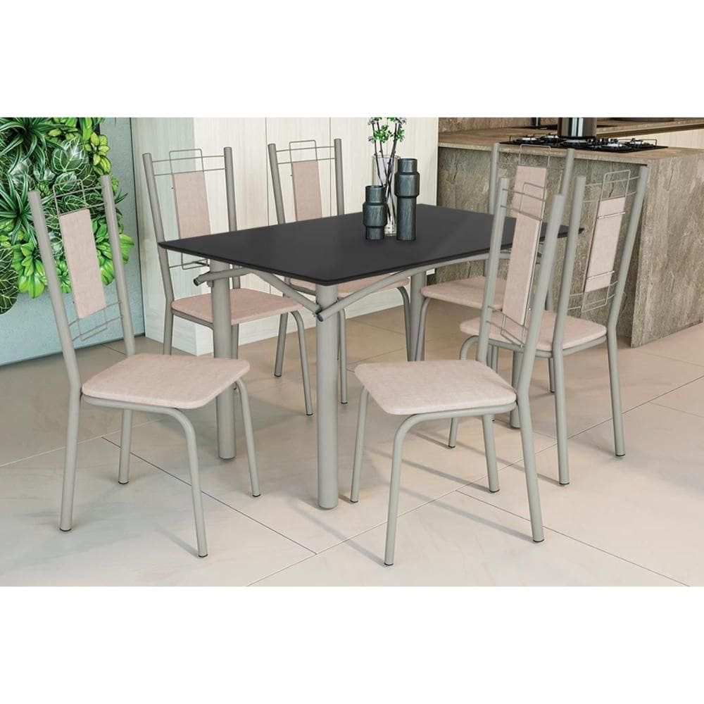 Conjunto: Mesa Sala Jantar Elba Tampo Madeirado c/ Vidro 120cm e 6 Cadeiras Florença Niquel/Preto - Courano Bege - Kappesberg