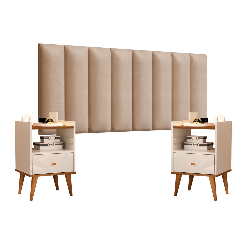 Conjunto Quarto Casal 02 Mesa De Cabeceira E Cabeceira Modulada Estofada Cama Queen