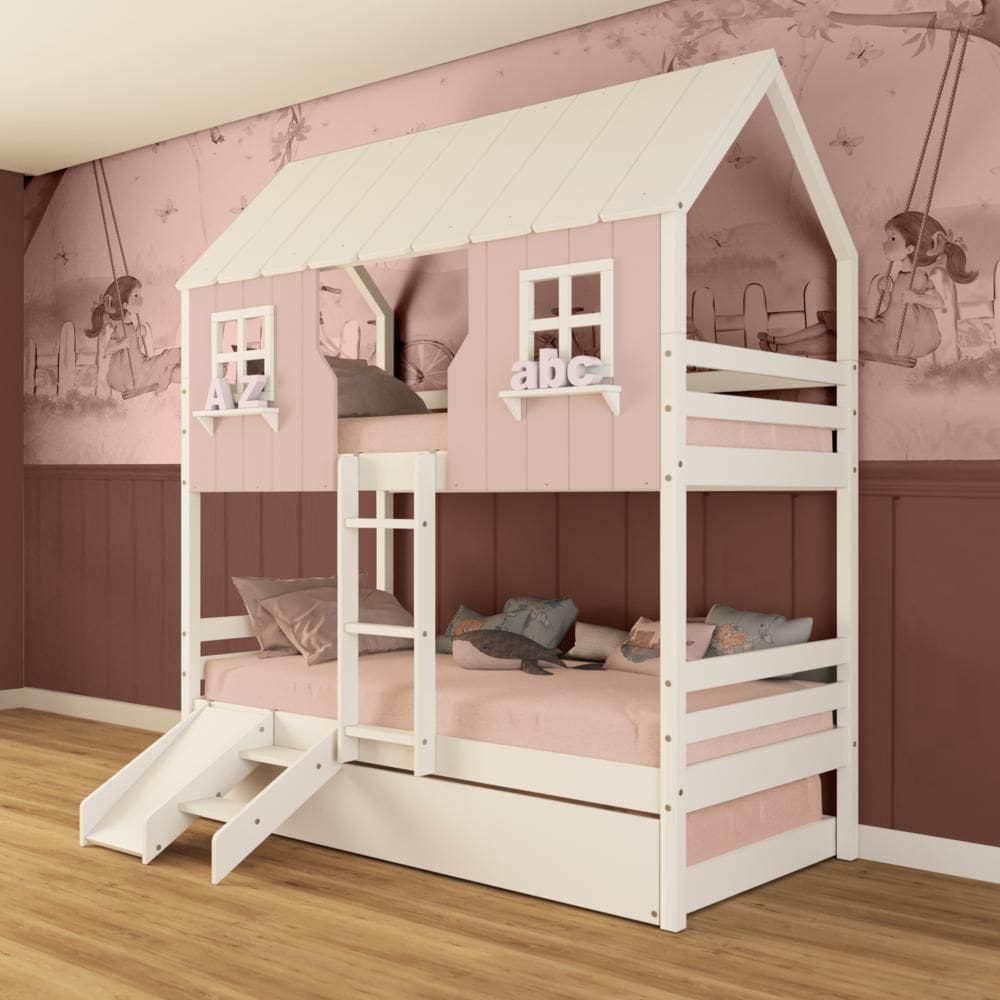 Treliche Casinha Encantada com Kit Escada/ Escorregador Madeira Maciça Rosa/ Branco Megamobilia