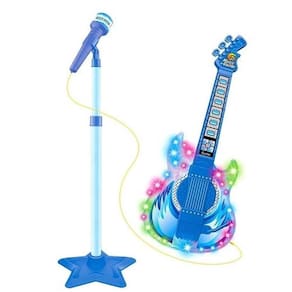 Guitarrinha Infantil Azul Com Microfone Pedestal Luz Som