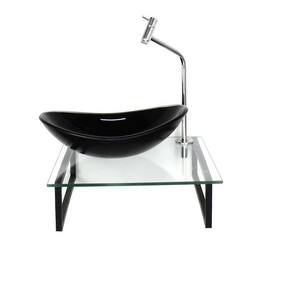Kit Cuba de Vidro Oval 10cm Tampo 40cm com Suporte Torneira Válvula Preto