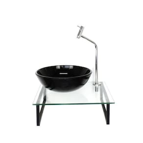 Kit Cuba de Vidro Redonda 1cm Tampo 40cm com Suporte Torneira Valvula Preto