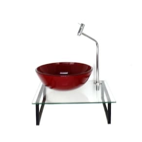 Kit Cuba de Vidro Redonda 1cm Tampo 40cm com Suporte Torneira Valvula Vermelho