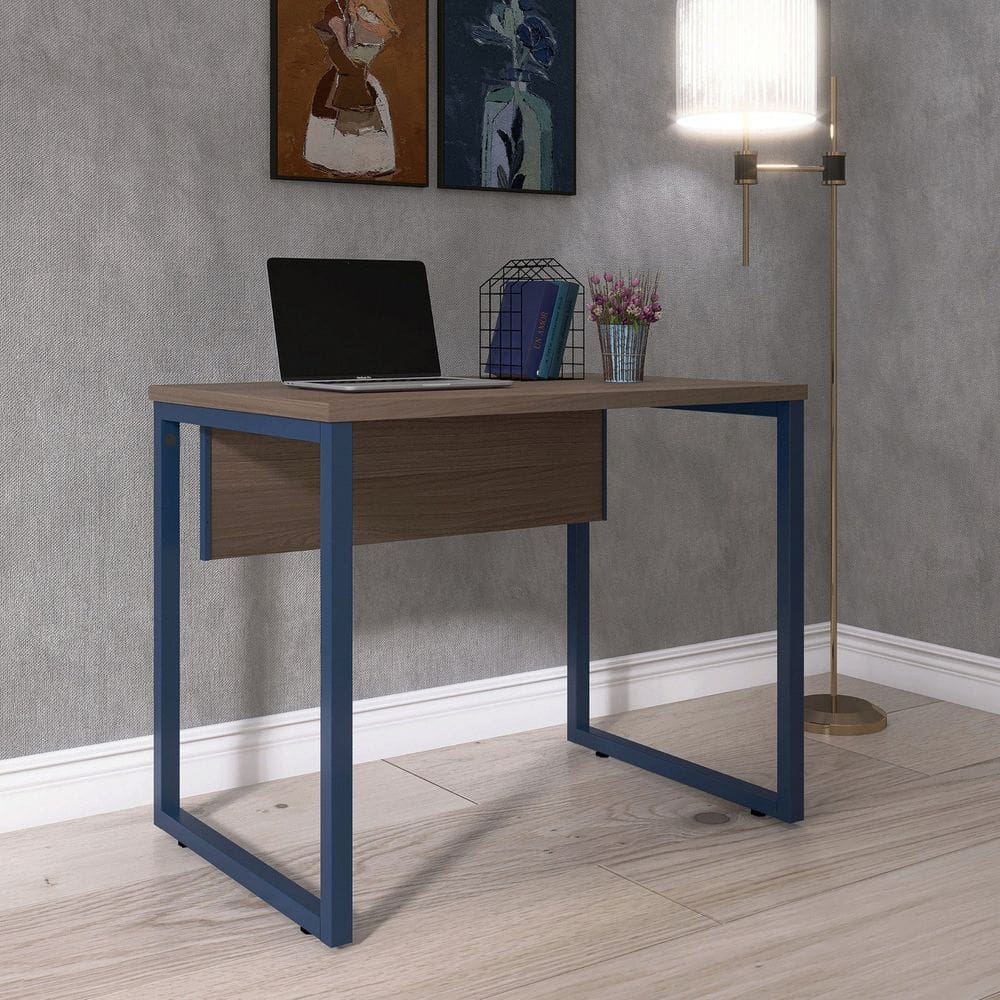 Mesa para Escritório Industrial 90cm Pe25 Walnut/Azul Delrei