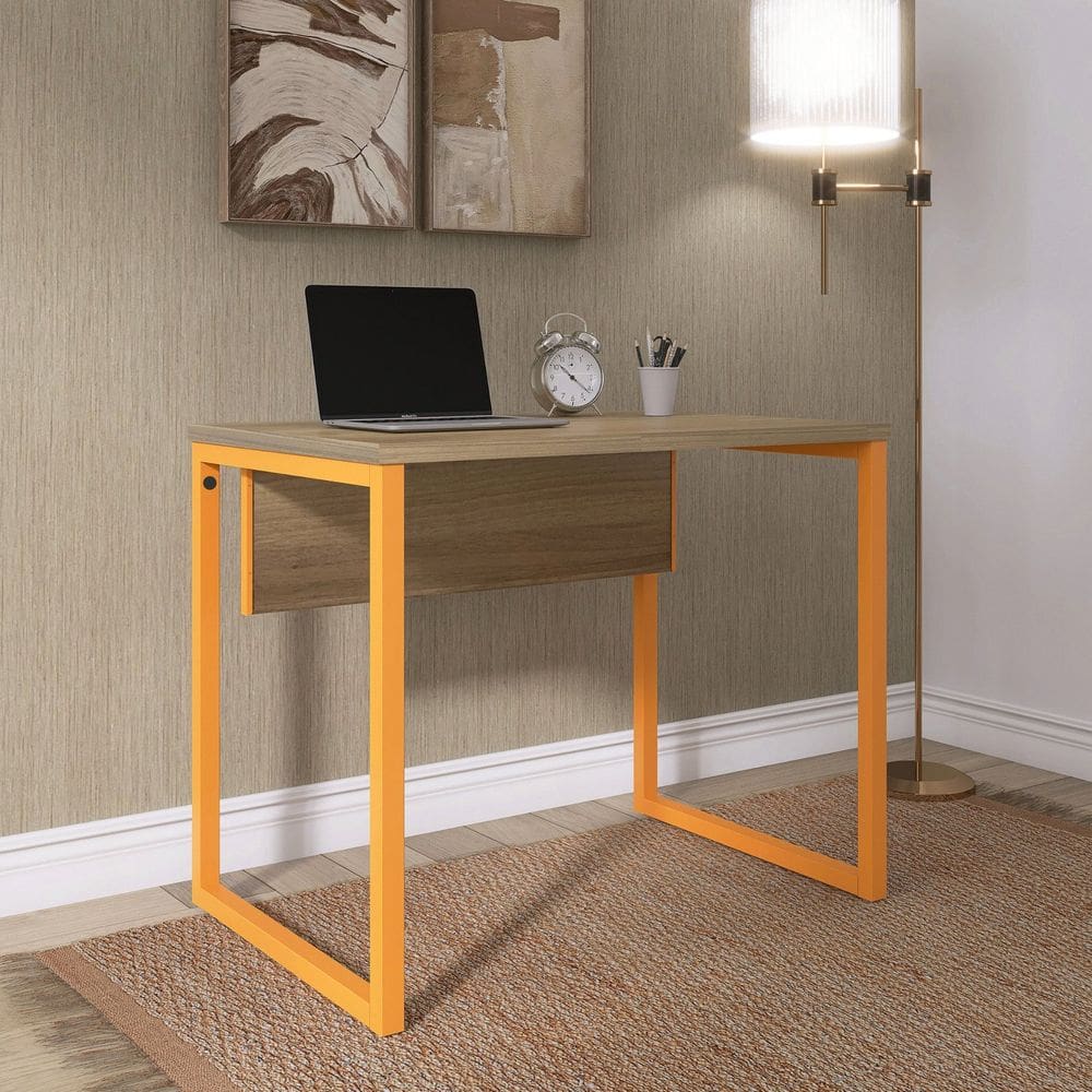 Mesa para Escritório Industrial 90cm Pe25 Noce Naturalle/Laranja Picasso