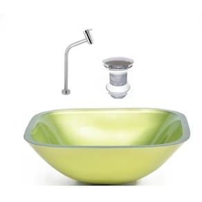 Cuba de Vidro Quadrada 35cm + Válvula + Torneira Metal Verde Oliva