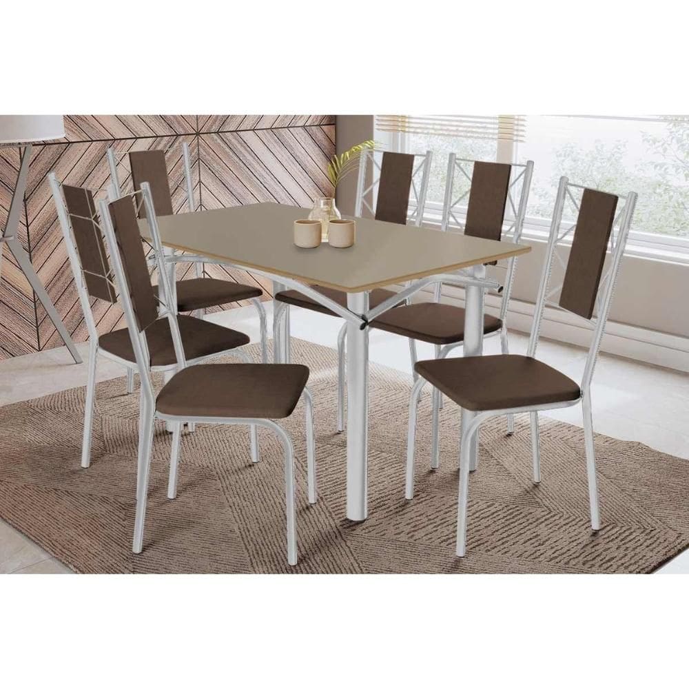 Conjunto: Mesa Sala Jantar Elba Tampo Madeirado c/ Vidro 120cm e 6 Cadeiras Lisboa Cromada/Freijo Bronze - Courano Marrom - Kappesberg