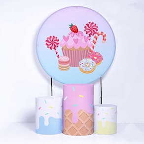 Kit Painel de Festa Redondo de 1,80m e Trio de Cilindros Doces - Fera Print