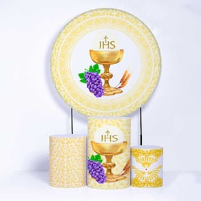 Kit Painel de Festa Redondo de 1,80m e Trio de Cilindros Eucaristia - Fera Print