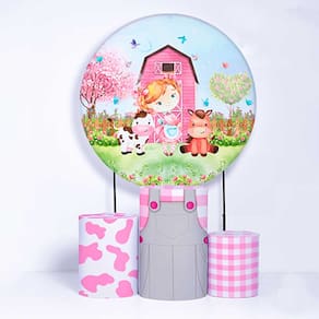Kit Painel de Festa Redondo de 1,50m e Trio de Cilindros Fazendinha - Fera Print