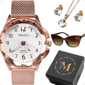Relogio Rose Feminino + Colar Brincos + Oculos Sol + Caixa Marrom Strass Prova Dagua Silicone Casual