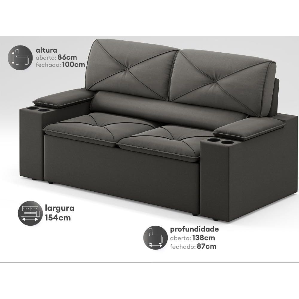 Sofá com Porta Copos Retrátil e Reclinável Pop 1,54m Velosuede Cinza - NETSOFAS