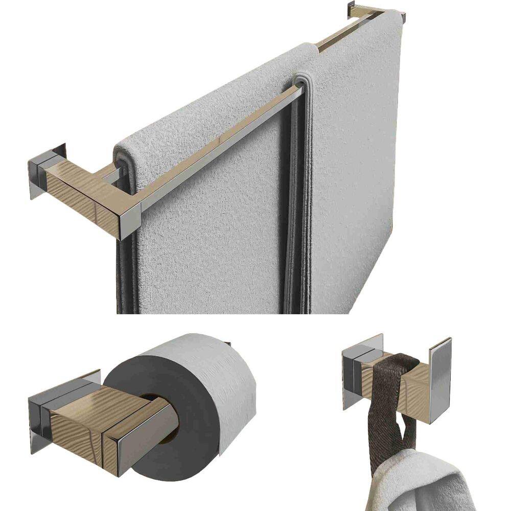 Kit Toalheiro Duplo 80Cm Inox 3 Pçs Polido Ou Preto Fosco