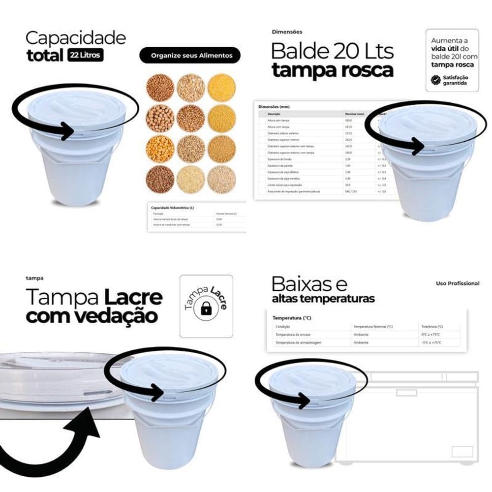 Balde Plástico 20L Tampa Rosqueavel Para Gato - Kit 11 Pçs