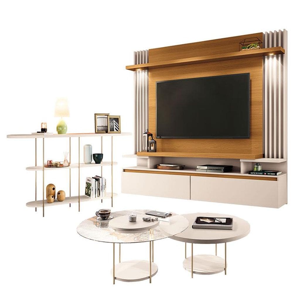 Home Suspenso Cosmo Cinamomo Off White e Aparador Infinity e Kit Mesa de Centro Sky Off White- HB Móveis