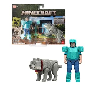 Figura de ação Mattel Minecraft Movie Steve com lobo de 4 polegadas