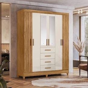 Guarda Roupa Solteiro Ambiente Aruba 6 Portas Freijó Off White Com Espelho - Moval