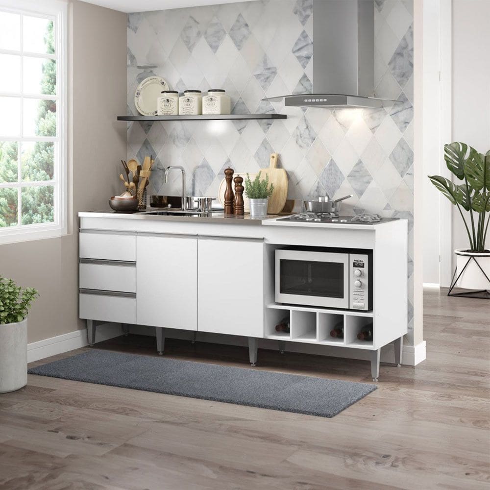 Balcão de Pia 183cm 3Gv Cooktop Forno MDP Branco 2035 Menu Móveis