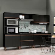 Armário de Cozinha Completa com Balcão Sabrina 280x202cm 6 Peças MDP Preto Menu Móveis