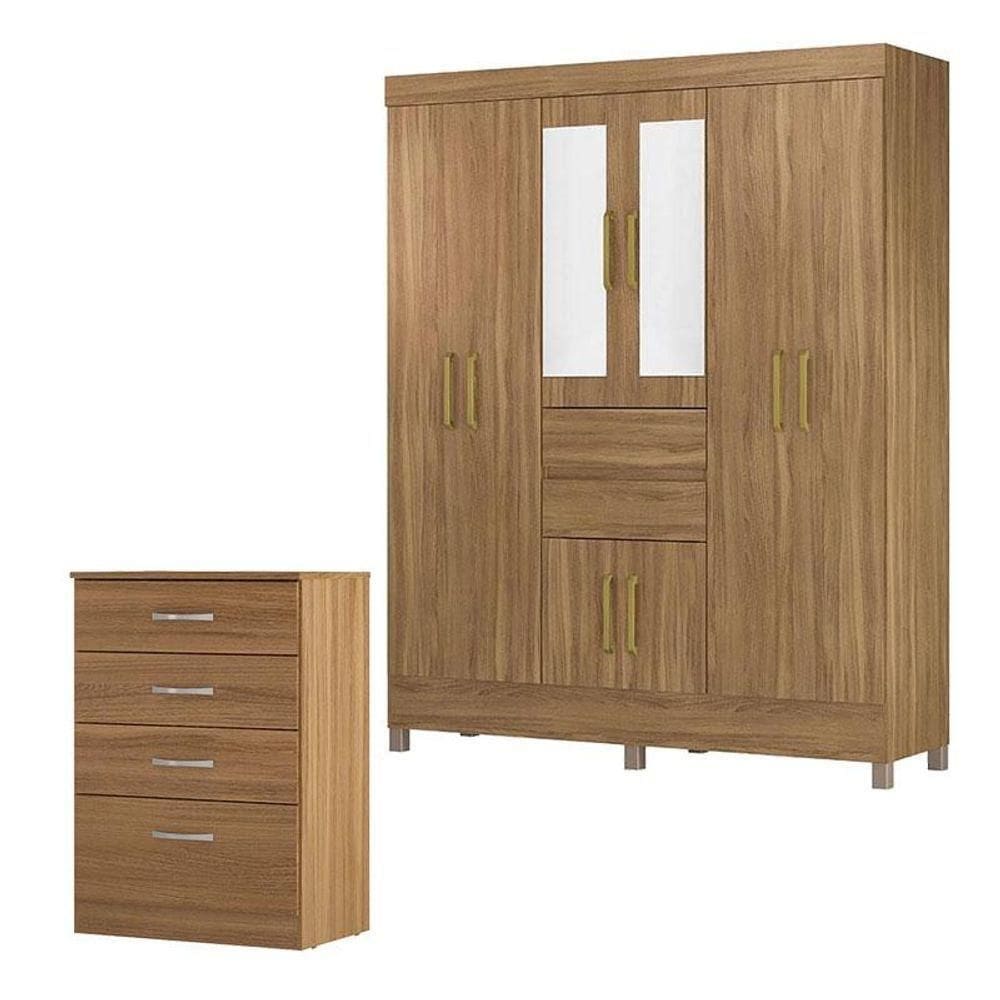 Cômoda Astral E Guarda Roupa Casal Munique Amêndola Touch Com Espelho - Demóbile