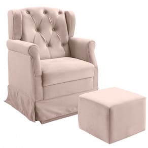 Poltrona Cadeira Amamentação Balanço Com Puff Veludo Rose