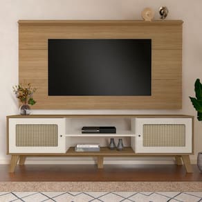 Rack com Painel para TV Até 75 Polegadas Tauari C/ Suporte para TV 2 Portas Carvalho/Off White - Pnr Móveis