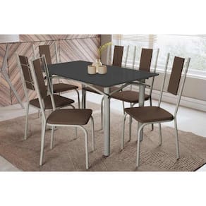 Conjunto: Mesa Sala Jantar Elba Tampo Madeirado c/ Vidro 120cm e 6 Cadeiras Lisboa Niquel/Preto - Courano Marrom - Kappesberg