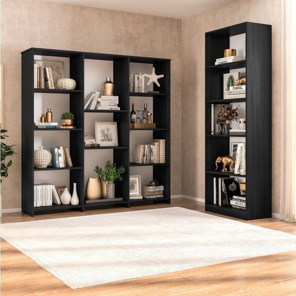 Conjunto com 1 Estante Livreiro 11 Nichos Odelia e 1 Estante Multiuso 5 Nichos Montreal Preto