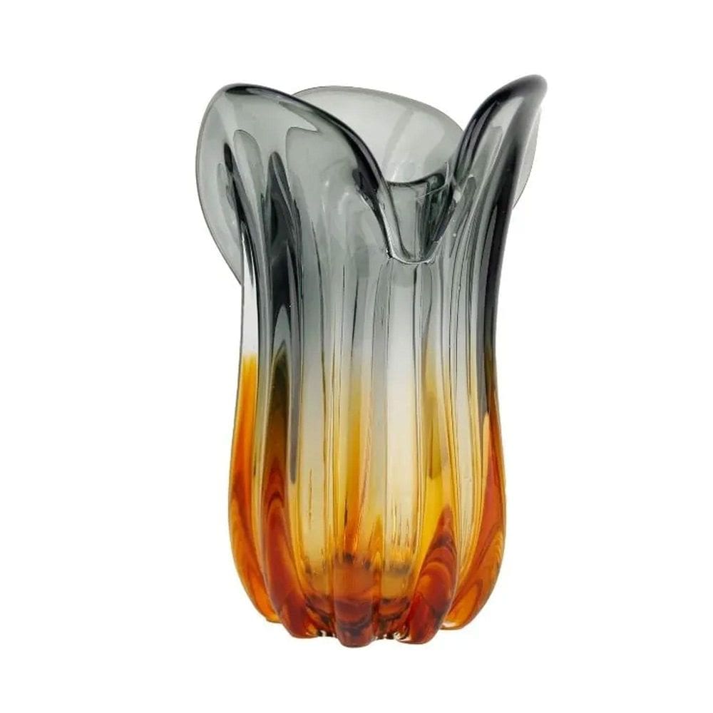 Vaso Decor Murano Vidro 23X15Cm Fino Acabamento Cinza Ambar