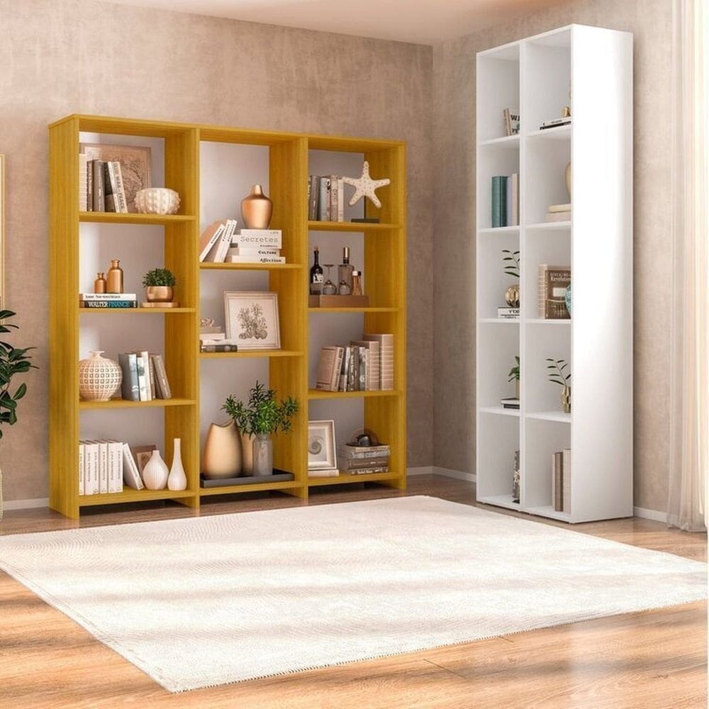 Kit com 1 Estante Livreiro 11 Nichos Odelia e 2 Estantes Modulares 5 Nichos Liverpool Freijó/Branco